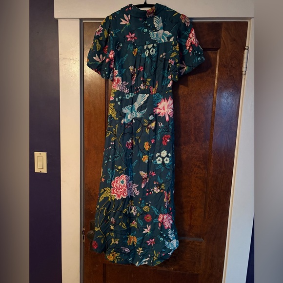 Maeve Anthropologie Teal Silky Buttonfront Shirt Dress Green Multi Floral - Picture 7 of 14